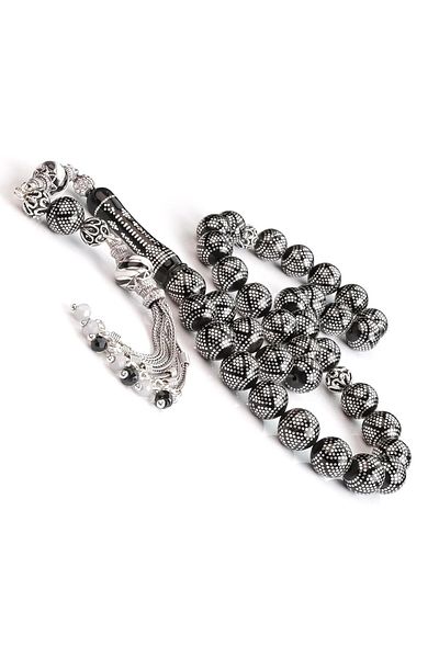 TESBİHCİBABA Black Pearl Silver Scalloped Oltu Stone Prayer Beads