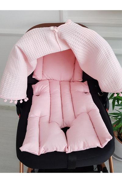 ilkimbebe Solid Color Pompom Pique Zippered Baby Stroller Cover and Cushion
