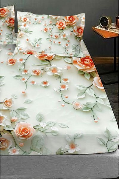 MonoHome 100% Cotton Fitted Sheet Special Design 5D Digital 60 Wire Salmon Flowers