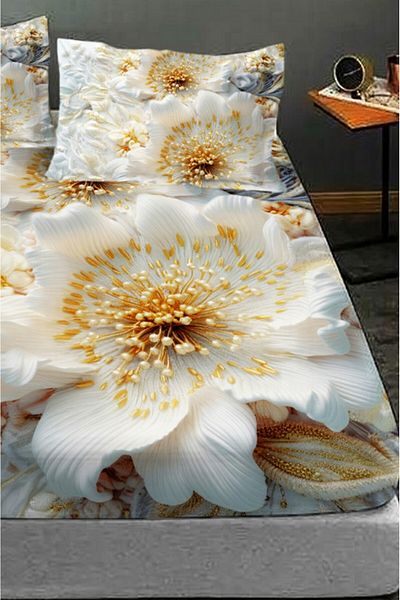 MonoHome 100% Cotton Fitted Sheet Special Design 5D Digital 60 Wire White Rose