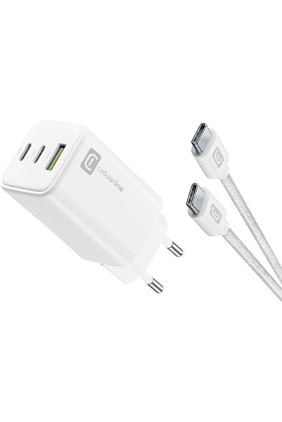 Cellularline Multipower 100 cm 5A Dayanıklı Örgü USB-C Kablo + 65W Gan 3 Port Adaptör