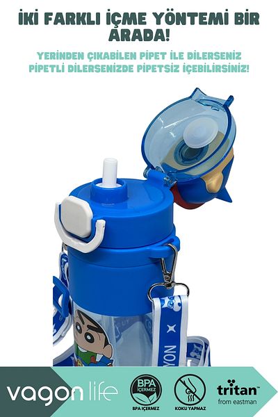 Vagonlife 650ml Crayon Shinchan Figured Cover Tritan Water Bottle with Straw/Without Straw Use with Hand Strap