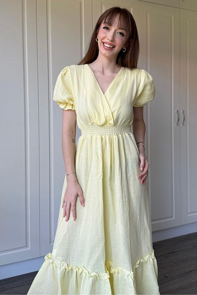 Dilay Gökoğlu Butik Yellow Muslin Fabric Short Sleeve Dress