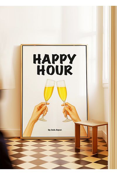 ARTHOUSECOLLECTIVE Αφίσα Happy Hour – Μοντέρνα αφίσα τοίχου με κύπελλο σαμπάνιας - Αφίσα χωρίς πλαίσιο