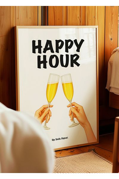 ARTHOUSECOLLECTIVE Αφίσα Happy Hour – Μοντέρνα αφίσα τοίχου με κύπελλο σαμπάνιας - Αφίσα χωρίς πλαίσιο