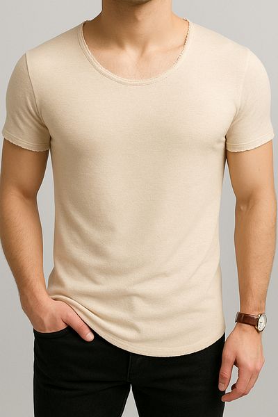 BYBÜLENT Ανδρική μπεζ οβάλ φούστα με φαρδύ γιακά Slim Fit κοντομάνικο T-shirt