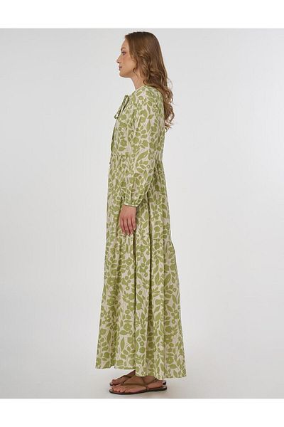 Kayra -Floral Pattern Cotton Linen Maxi Dress Pistachio Green-23103