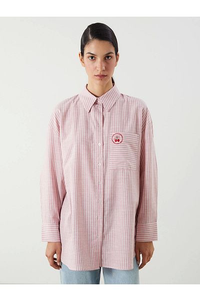 LC Waikiki LCW Μοντένο Ροζ Κεράσι Κεντημένο Oversize Γυναικείο Πουκάμισο Μπλουζάκι