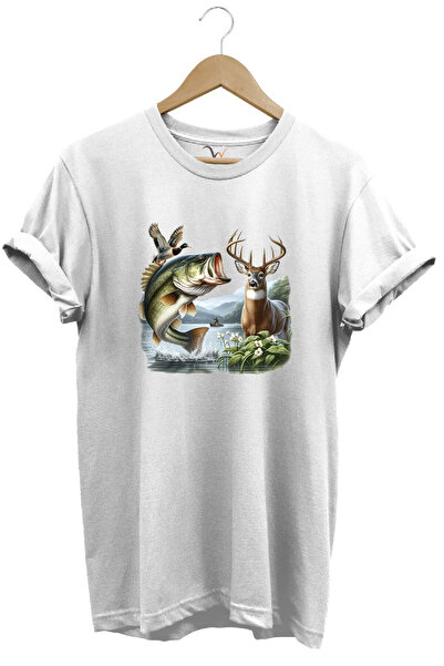 WİDİ تي شيرت بطبعة غزال وبط وسمك الحفش وصيد الأسماك والصيد مصنوع من القطن بنس...