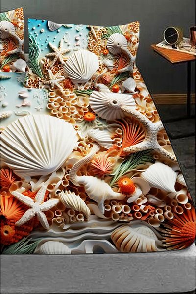 MonoHome 100% Cotton Fitted Sheet Special Design 5D Digital 60 Wire Sea Decoration