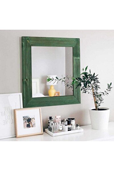 Genel Markalar Dogal Ağaç Duvar Aynası Yeşil Eskitme Ayna 60x60 Cm Ebatında