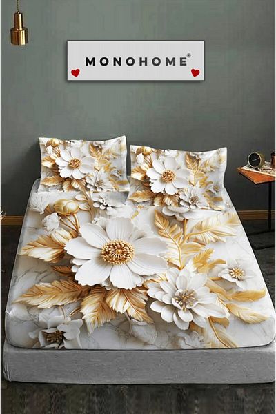 MonoHome 100% Cotton Fitted Sheet Special Design 5D Digital 60 Wire Gold Rose