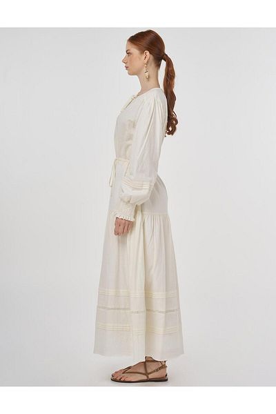 Kayra -Lace Detailed Seersucker Dress Ecru-23044