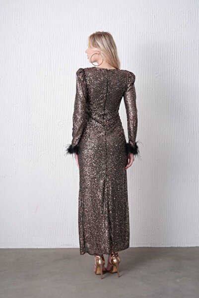 CİXAPLE Double Breasted Collar Long Sleeve Feather Detailed Dress