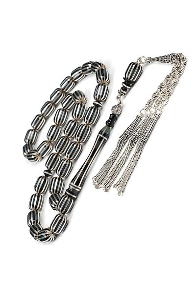 TESBİHCİBABA Oltu Fire - Crimping Amber Oltu Mix Silver Splitting Prayer Beads