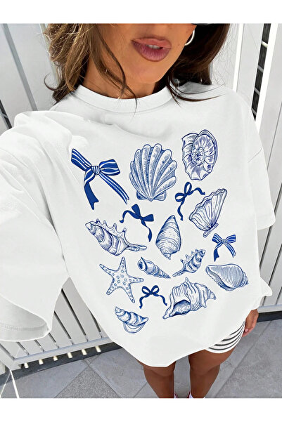 LAMASTRE Γυναικείο καλοκαιρινό μπλουζάκι με στάμπα White Oyster - Oversize με...