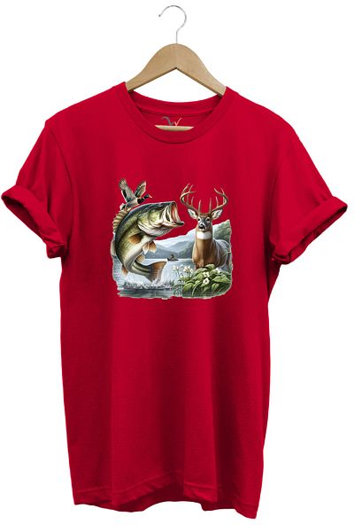 WİDİ Fishing and Hunting Themed Deer, Duck and Sturgeon Printed 100% Cotton Regular Fit T-Shirt