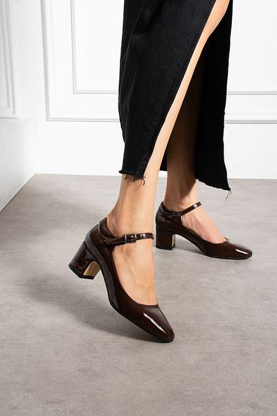 DABAB AYAKKABI Women's Hanna Model Brown Patent Leather Classic Heeled Shoes with Buckle Detail