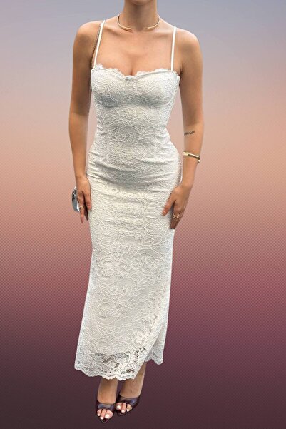 Moda Amore Dantel Elbise - Askılı ve Yırtmaç Detaylı Şık Tasarım | Düğün - Nikah - Davet Elbisesi | 887