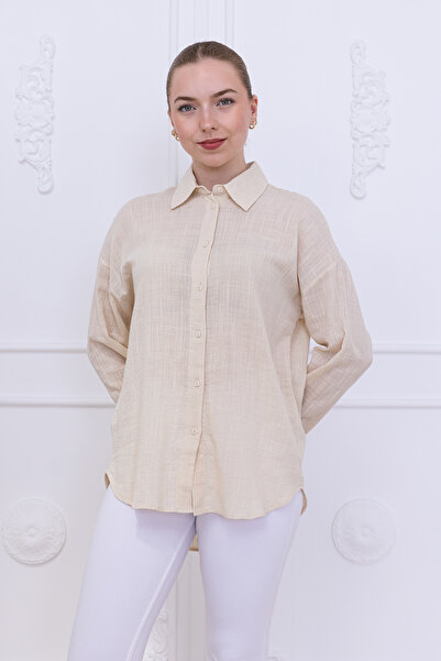 Meşe Moda bej oversize gömlek