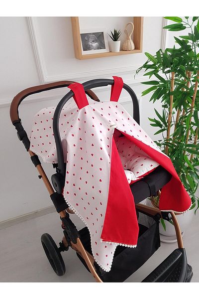 ilkimbebe Heart Pompom Double Sided Baby Stroller Cover and Cushion