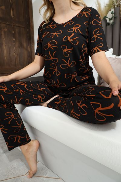Miss Meryem Black Ring Viscose Ribbon Patterned Short Sleeve Pajama Set