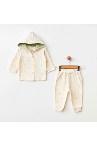 ESLENZA Flowered Hooded Cardigan Pants Set Ecru