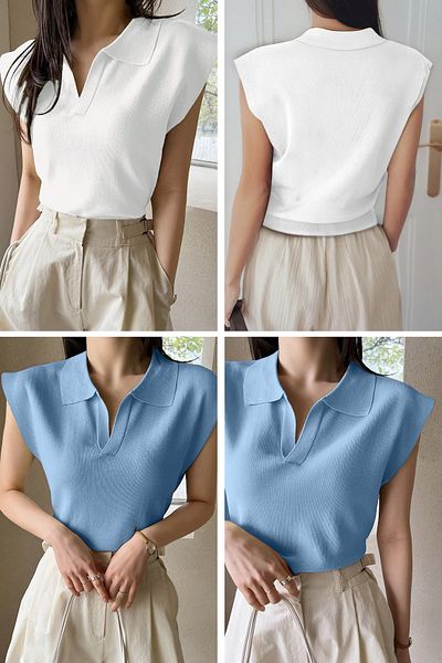 AQE FASHION Women's 2-Piece Zero Sleeve Polo Neck Sleeveless Relaxed Fit Anti-Sweat White-Baby Blue Blouse
