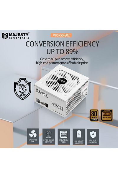 majesty ماجيستي باور سبلاي 750W برونز | دعم RTX 50 | ATX 3.0 وPCIe 5.0 | كفاءة 80+ Bronze | هادئ وغير معياري
