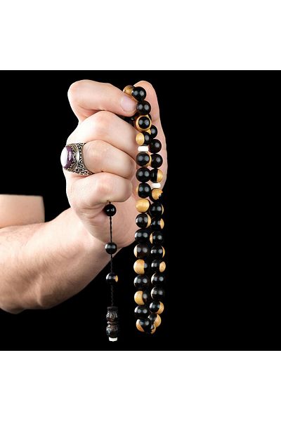 TESBİHCİBABA Master Craftsmanship Embroidered Imam's Spotted Ebony Wood Prayer Beads