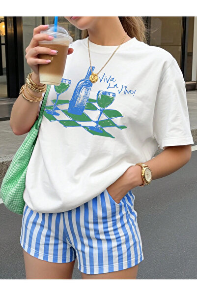 LAMASTRE Γυναικείο Λευκό Viva Le Vino! Καλοκαιρινό μπλουζάκι με στάμπα - Μεγά...