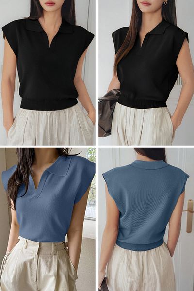 AQE FASHION Women's 2-Piece Zero Sleeve Polo Neck Sleeveless Relaxed Fit Anti-Sweat Black-Indigo Blouse