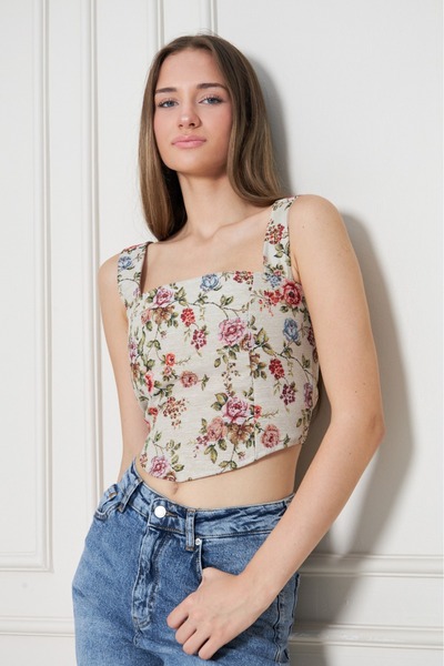 MEGOMEL Літня тканина з фактурним візерунком, коротка блуза - квітковий корсет на товстих бретельках