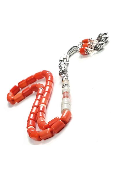 TESBİHCİBABA Capsule Cut Coral Prayer Beads with Ivory Imame