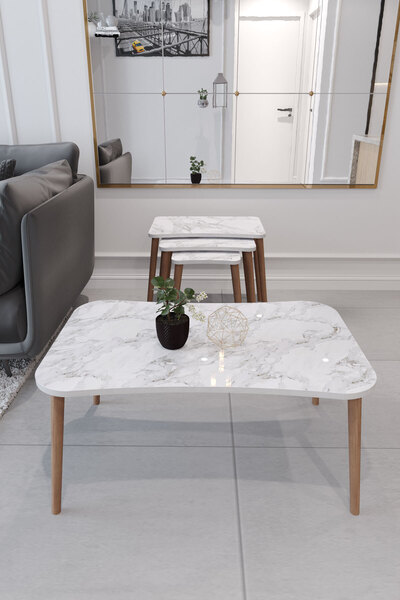 Enda Home Balkır 4'lü Ahşap Ayaklı Zigon ve Orta Sehpa