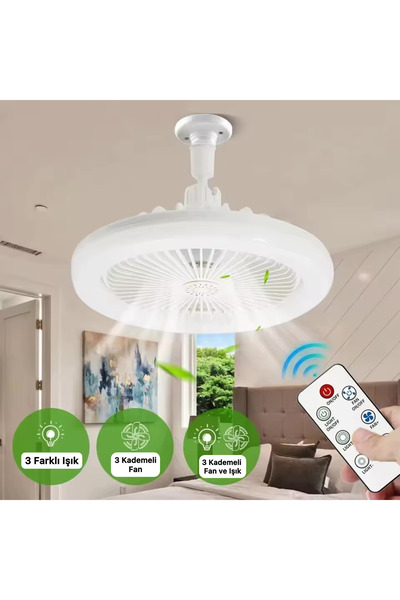 DEMPOWER Pervaneli Led Lamba Kumandalı 3 Kademeli Hız Ve Işık Ayarı Vantilatör Aydınlatma