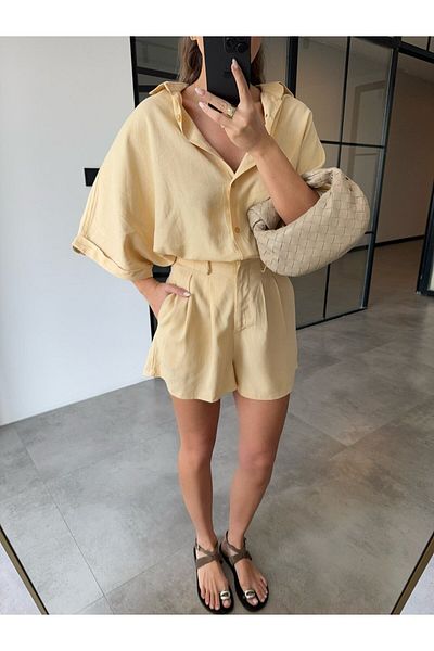 BB Bensu Buyruk Short Sleeve Shirt Shorts Melon Linen Set
