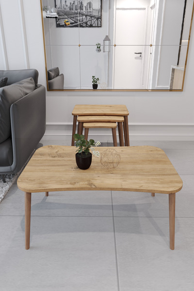 Enda Home Balkır 4'lü Ahşap Ayaklı Zigon ve Orta Sehpa