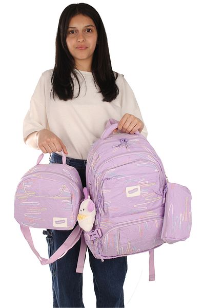 Relaxion Rlx-1430 Set de 3 rucsac pentru copii de liceu și școală primară cu suport pentru creion și cutie de prânz LİLA