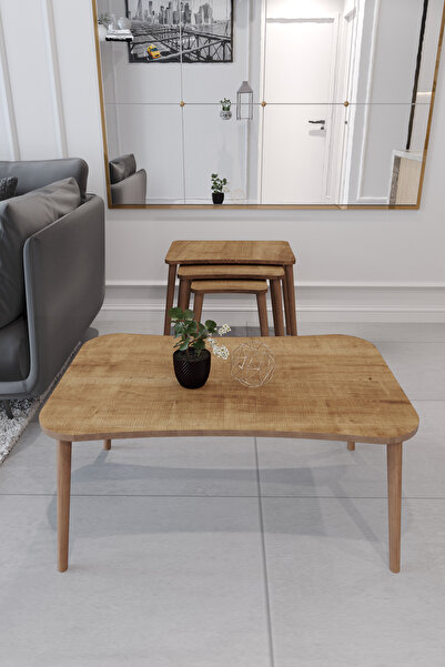 Enda Home Balkır 4'lü Ahşap Ayaklı Zigon ve Orta Sehpa