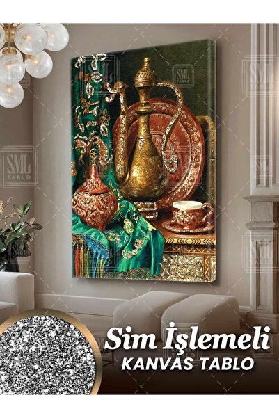 SML TABLO Sim İşlemeli Eski İşlemeli İbrik Çaydanlık Fincan Osmanlı Antika Dekor Simli Dikey Kanvas Tablo