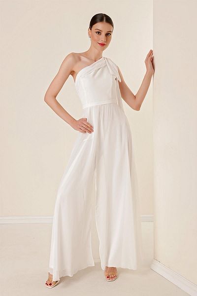 By Saygı Women's Pulpayet Collar One Shoulder Top Chiffon Crepe Jumpsuit