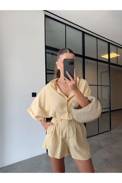 BB Bensu Buyruk Short Sleeve Shirt Shorts Melon Linen Set