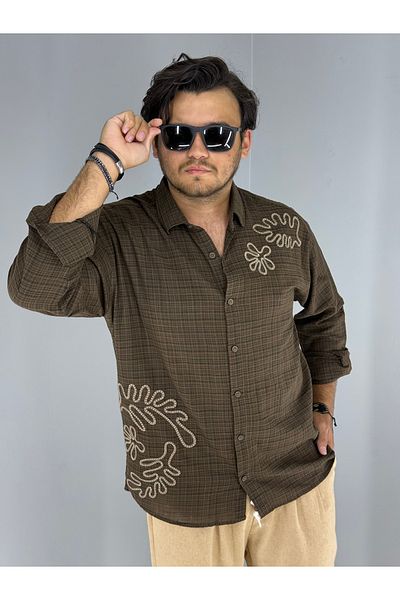 MARESHAL 100% Cotton Oversize Shirt with Embossed Embroidery Detail (Coffee)