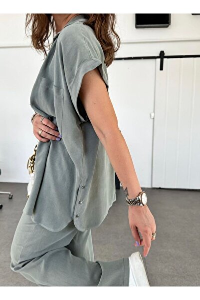 EGZOTİK ASORTİK Short Sleeve Shirt Pants Set with Snap Detail on the Sides