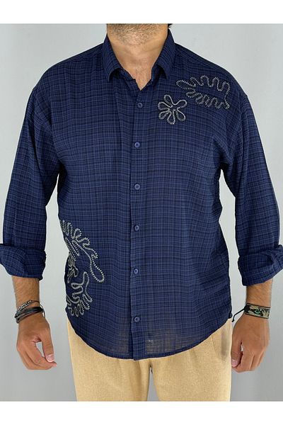 MARESHAL 100% Cotton Oversize Shirt with Embossed Embroidery Detail (Navy Blue)