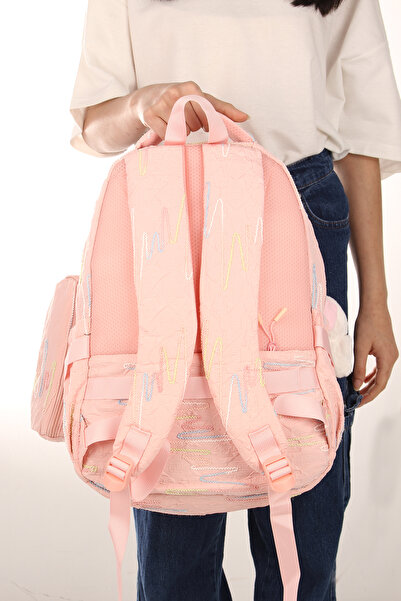 Relaxion Rlx-1430 Set of 3 Children's Middle School-Primary School Bag Backpack with Pen Holder and Lunch Bag Pink