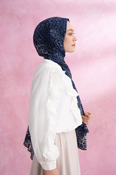 ARMANDA Classic Leopard Print Imported Voile Shawl - Navy Blue