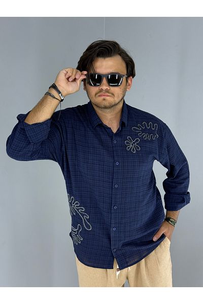 MARESHAL 100% Cotton Oversize Shirt with Embossed Embroidery Detail (Navy Blue)
