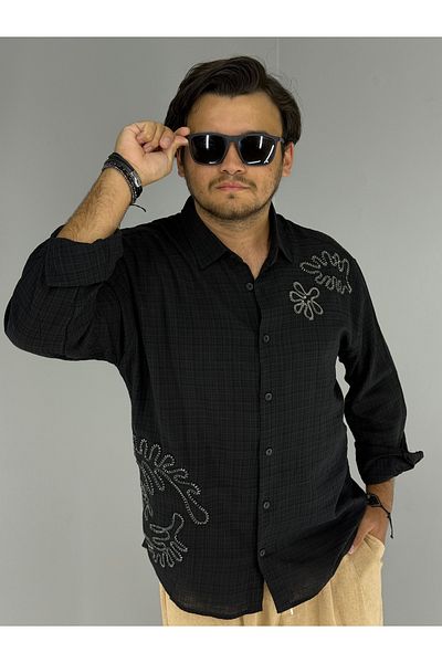 MARESHAL 100% Cotton Oversize Shirt with Embossed Embroidery Detail (Black)